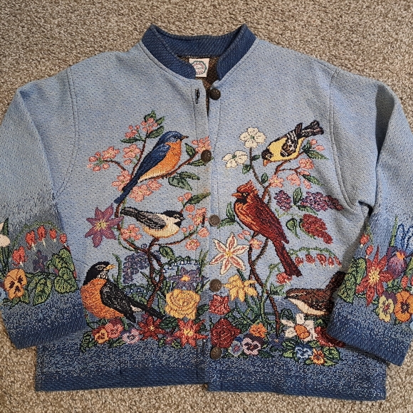 vintage Sugar Street Weavers tapestry jacket Spring Birds cherry Blossom - Picture 2 of 5
